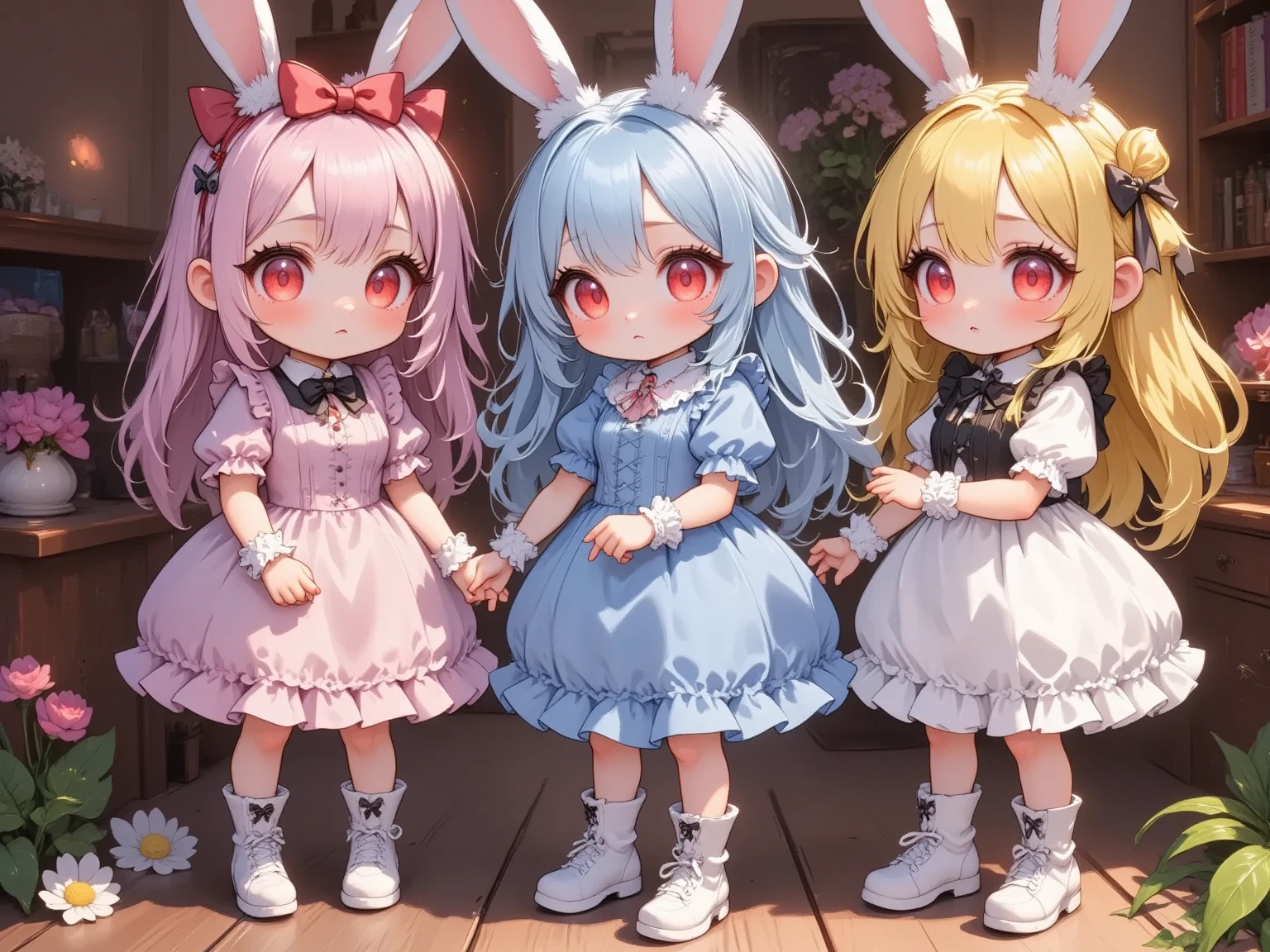  3 girls,(Chibi, cute, small, pink hair, very long hair ,bangs, Fluffy White Rabbit,Bunny ears, red eyes, big eyes, Beautiful Sparkling Eyes , white skin, big hair bow , pink ruffle dress ,Chest, full body image ),(Chibi, cute, small, blue hair, very long hair ,bangs, Fluffy White Rabbit,Bunny ears, red eyes, big eyes, Beautiful Sparkling Eyes , white skin, big hair bow , Blue Frilled Dress ,Chest, full body image ),(Chibi, cute, small, yellow hair , very long hair ,bangs, Fluffy White Rabbit,Bunny ears, red eyes, big eyes, Beautiful Sparkling Eyes , white skin, big hair bow ,yellow ruffle dress ,Chest, full body image ), cute background,(Scenery of 3 people being good friends ,Smiling Face), picture book illustration style ,