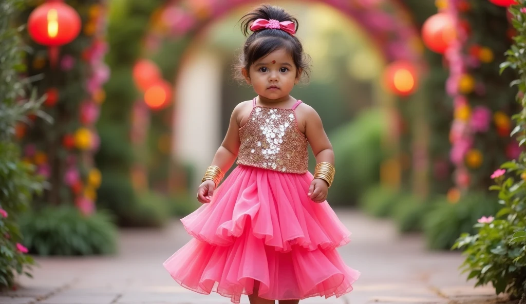 A young chubby Indian girl with short red hair and fair complexion and big eyes wearing a satin pink dress