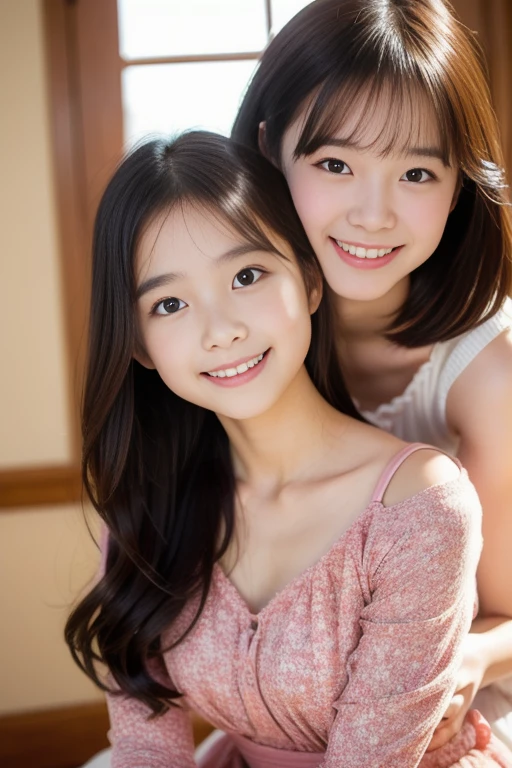 (((​masterpiece)))，(2 girls in , couple focus, classmates, Adorable, 14years) ，and draw the full body, (Best Quality, 超A high resolution, photographrealistic, ultra-detailliert, 8K)，japanaese girl, cheek-to-cheek, cute white lace clothes, Please show me your beautiful teeth，Bursting smile, hair scrunchie, ((Perfect hands without discomfort，Perfect feet with no discomfort)),Super Detailed Face、Detailed lips、A detailed eye、small gravure idol，Transparent skin，I keep my hair up and short，Her breasts are small, A Cup，(((lying face up on the bed)))，Lori