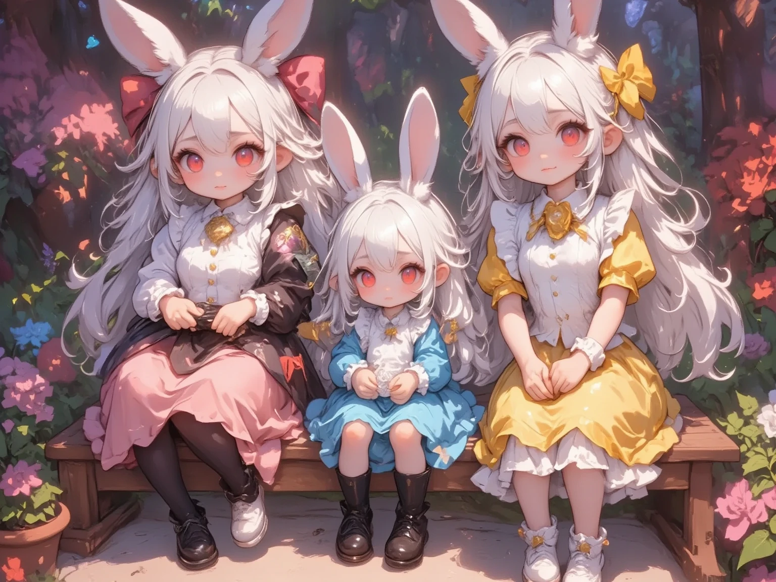  3 girls,(Chibi, cute, small, pink hair, very long hair ,bangs, Fluffy White Rabbit,Bunny ears, red eyes, big eyes, Beautiful Sparkling Eyes , white skin, big hair bow , pink ruffle dress ,Chest, full body image ),(Chibi, cute, small, blue hair, very long hair ,bangs, Fluffy White Rabbit,Bunny ears, red eyes, big eyes, Beautiful Sparkling Eyes , white skin, big hair bow , Blue Frilled Dress ,Chest, full body image ),(Chibi, cute, small, yellow hair , very long hair ,bangs, Fluffy White Rabbit,Bunny ears, red eyes, big eyes, Beautiful Sparkling Eyes , white skin, big hair bow ,yellow ruffle dress ,Chest, full body image ), cute background,(Scenery of 3 people being good friends ,Smiling Face), picture book illustration style ,