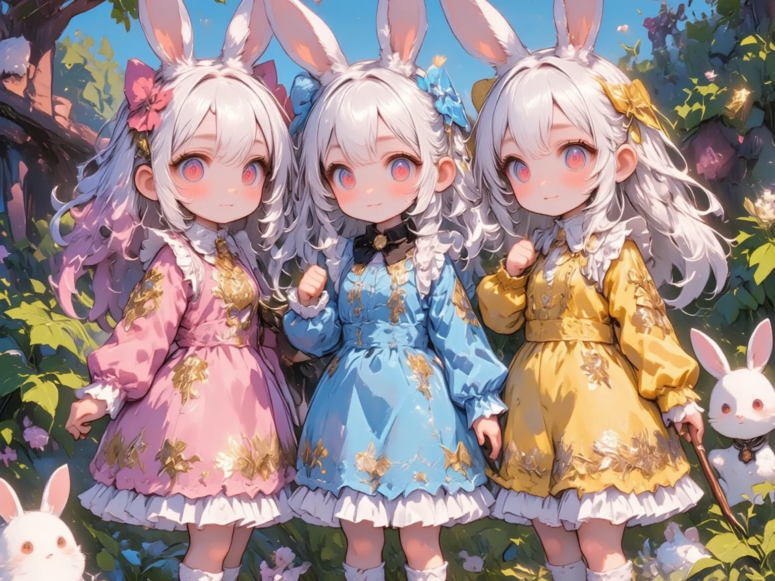  3 girls,(Chibi, cute, small, pink hair, very long hair ,bangs, Fluffy White Rabbit,Bunny ears, red eyes, big eyes, Beautiful Sparkling Eyes , white skin, big hair bow , pink ruffle dress ,Chest, full body image ),(Chibi, cute, small, blue hair, very long hair ,bangs, Fluffy White Rabbit,Bunny ears, red eyes, big eyes, Beautiful Sparkling Eyes , white skin, big hair bow , Blue Frilled Dress ,Chest, full body image ),(Chibi, cute, small, yellow hair , very long hair ,bangs, Fluffy White Rabbit,Bunny ears, red eyes, big eyes, Beautiful Sparkling Eyes , white skin, big hair bow ,yellow ruffle dress ,Chest, full body image ), cute background,(Scenery of 3 people being good friends ,Smiling Face), picture book illustration style ,