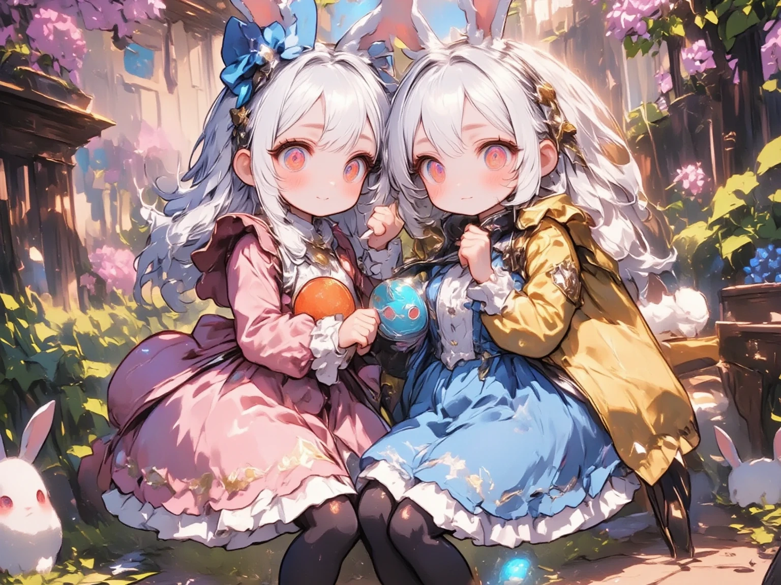 3 girls,(Chibi, cute, small, pink hair, very long hair ,bangs - SeaArt AI
