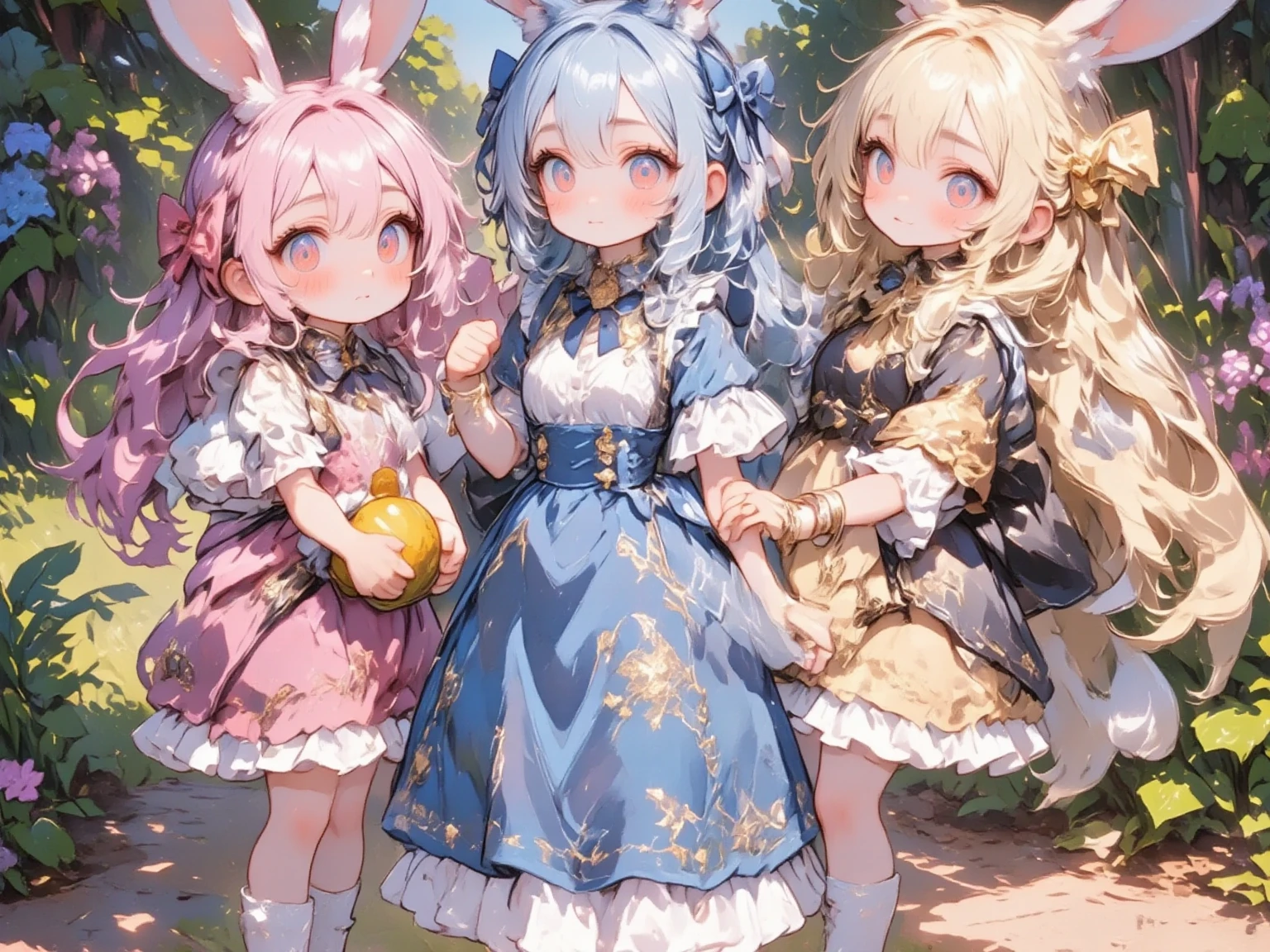  3 girls,(Chibi, cute, small, pink hair, very long hair ,bangs, Fluffy White Rabbit,Bunny ears, red eyes, big eyes, Beautiful Sparkling Eyes , white skin, big hair bow , pink ruffle dress ,Chest, full body image ),(Chibi, cute, small, blue hair, very long hair ,bangs, Fluffy White Rabbit,Bunny ears, red eyes, big eyes, Beautiful Sparkling Eyes , white skin, big hair bow , Blue Frilled Dress ,Chest, full body image ),(Chibi, cute, small, yellow hair , very long hair ,bangs, Fluffy White Rabbit,Bunny ears, red eyes, big eyes, Beautiful Sparkling Eyes , white skin, big hair bow ,yellow ruffle dress ,Chest, full body image ), cute background,(Scenery of 3 people being good friends ,Smiling Face), picture book illustration style ,