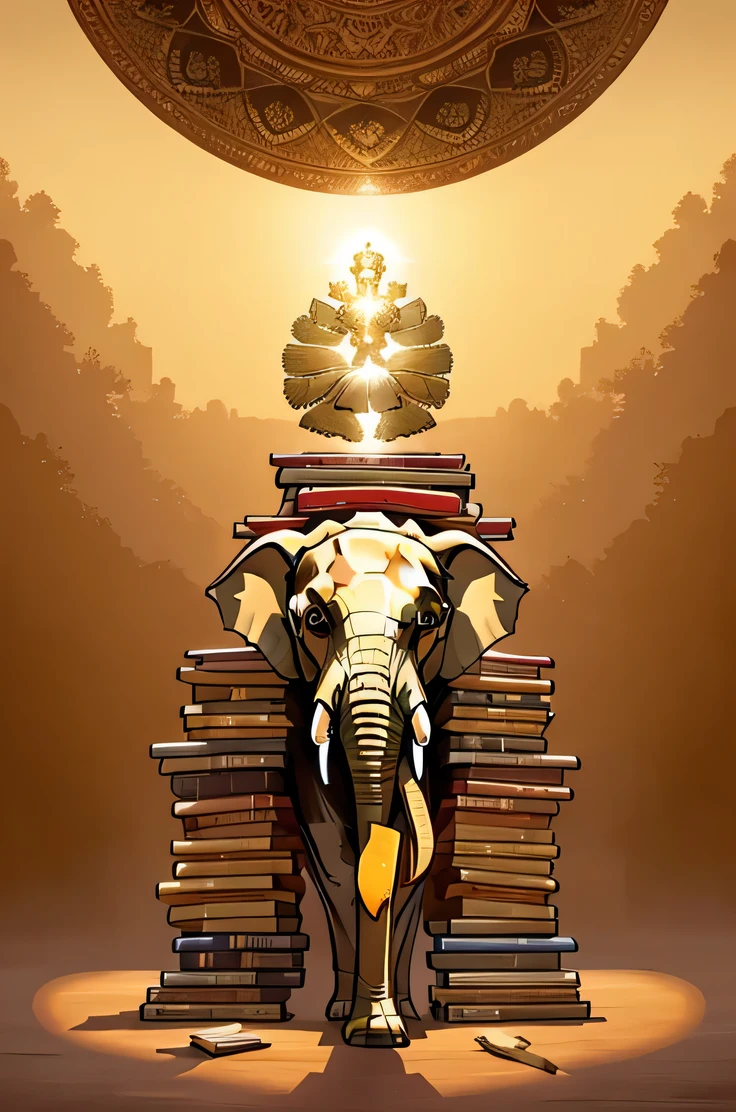 An Asian elephant standing in a grand library, with one front leg resting on a pile of books, symbolizing wisdom and steadfast learning. The background is adorned with golden hues and elements of Thai culture.

