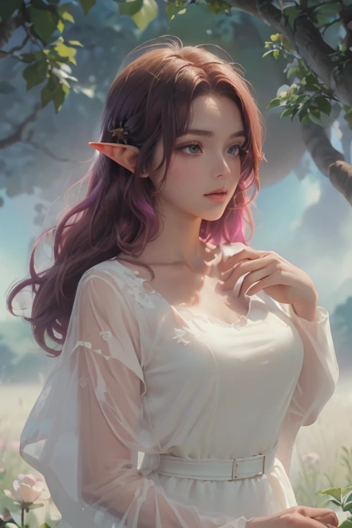 a portrait of a beautiful young female elf, age 25 years old, long magenta air, and magenta eyes. Wearing a white dress, luxurious and regal looking. formal looking. rich person. a half body portrait. Clean and dynamic lighting emphasizes her facial features and the subtle luxurious details of her dress. Background blurred with muted peonies, keeping all focus on the character. highly detailed eyes, anime eyes, detailed lashes. Ultra-realistic, highly detailed, 4K quality, Best Quality, Award Winning quality, cinematic masterpiece, (sleek and minimalist design:1.8), (elf girl:1.5), (luxurious but sexy white dress:1.3), (half body portrait:1.5), (magenta eyes:1.7), (happy expression:1.6), (clean lighting:1.6), (focused atmosphere:1.7), (white and pink peonies background:1.5), (long magenta hair:1.5), (rosy lips:1.6), (dark skin:1.5),