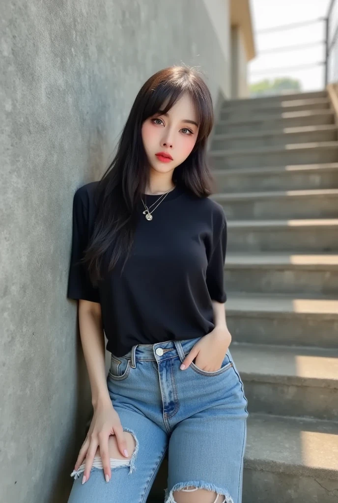 25 years old Korean woman, face details, depth of field, 4K masterpiece details, deep focus, sunlight hitting her makes her stand out (natural light, good light, afternoon light), she's wearing a vintage black oversized t-shirt, ripped jeans, vans, 90s fashion, leaning against a grey wall, grey concrete stairs, full body.