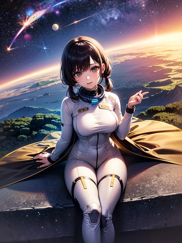  very beautiful woman,bangs,pigtail, big breasts,Stylish spacesuit , pilot suit,(space-clony,Landscape:1.5), wide shot,Earth and moon shining in the background