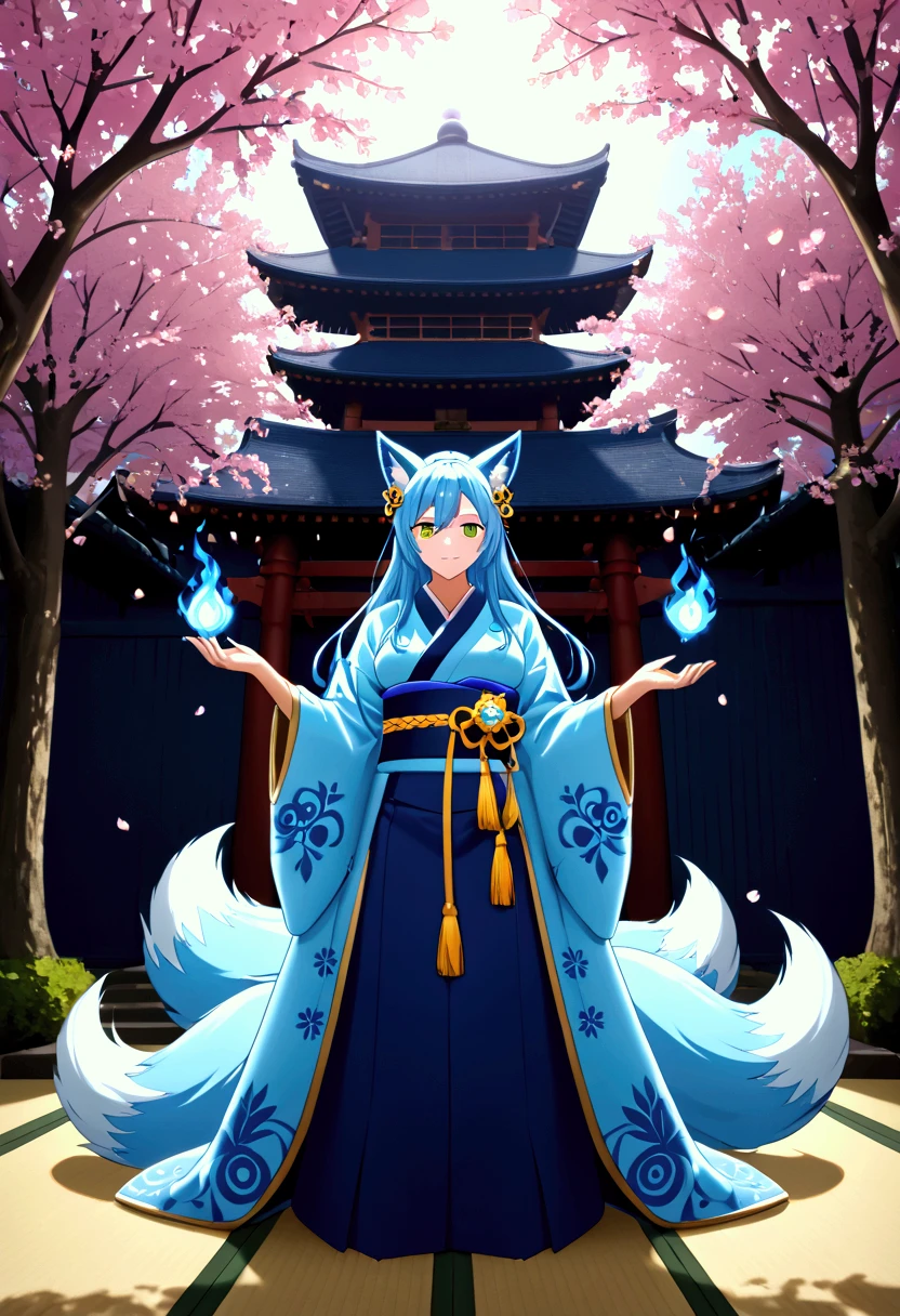 womanfox Light blue hair 　beast girl　indigo fur　fox beast girl　fox Light blue hair 　beast girl　indigo fur　fox beast girl　Wallpaper 4k,8k,highly detailled,,vivid colors,detailed kitsune with 9 tails,traditional Japanese artwork,tatami floor,beautiful cherry blossoms,floating lanterns,dark silhouette of a pagoda,subtle moonlight,dense forest,ethereal atmosphere,dappled sunlight,whimsical spirit,serene expression,elaborate kimono and obi,delicate hand-painted details,luminous eyes　Anime Style　fox　blue　White-faced golden-haired nine-tailed fox　Coat blue　woman　fox Light blue hair 　beast girl　indigo fur　fox beast girl　Anime Style　fox　blue　White-faced golden-haired nine-tailed fox　Coat blue　woman　　mysterious background　Blue Flame　girl　have a ball of light　fox Light blue hair 　beast girl　indigo fur　fox beast girl　mysterious background　Blue Flame　girl　have a ball of light Anime Style　fox　blue　White-faced golden-haired nine-tailed fox　Coat blue　　　mysterious background　Blue Flame　girl　have a ball of light　woman