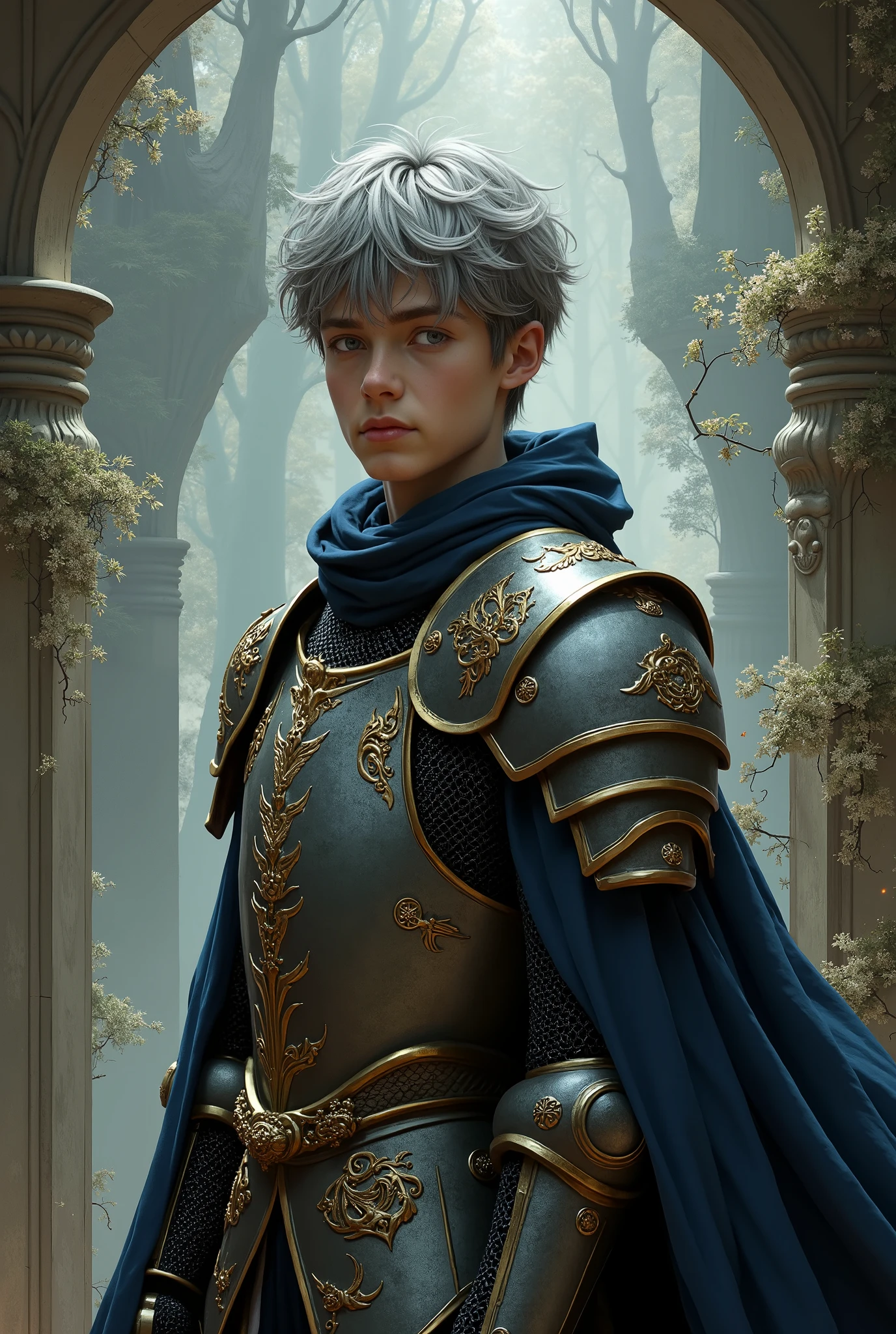 a high-fantasy knight, seventeen yo boy, fantasy, intricate, elegant, highly detailed, lifelike, photorealistic, digital painting, grey ash ruffled hair with bangs, concept art trending on artstation, smooth, sharp focus, in the style of john collier and alphonse mucha and jean delville, hyperrealistic, masterpiece, realistic photoshot, best quality,
