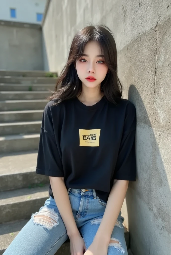 25 years old Korean woman, Facial details, Deep focus, 4K masterpiece details, Deep focus, Sunlight falling on her makes her stand out (Natural light, Good light, Afternoon light). She's wearing a vintage black oversized t-shirt (The square graphic in the middle of the shirt), ripped jeans, Vans, 90s fashion, leaning against a grey wall, grey concrete stairs, Full body.