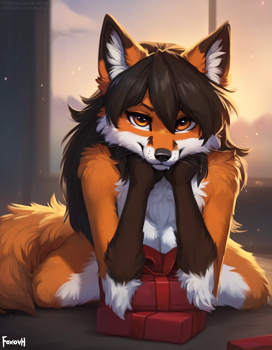 Anthro female red fox high definition good anatomy add_detail:1, red fur, kitsune ears, cute girl add_detail:1, black colored japanese shrine costume with rose patterns on them add_detail:3, black clothing, clothing with rose patterns, add_detail:1, full body, highly detailed face, deep green iris add_detail:1, wolf claws, sharp fangs add_detail:1, wild slut add_detail:1, on knees, blushing, looking up at viewer, friendly smile, smile, friendly, black hair, classic ponytail, face markings, face fur patterns black, speech bubble, heart, hearts, flower on head, night, moody lighting, illumination by candle, indoors in bedroom, comfy pillow, fluffy tail
