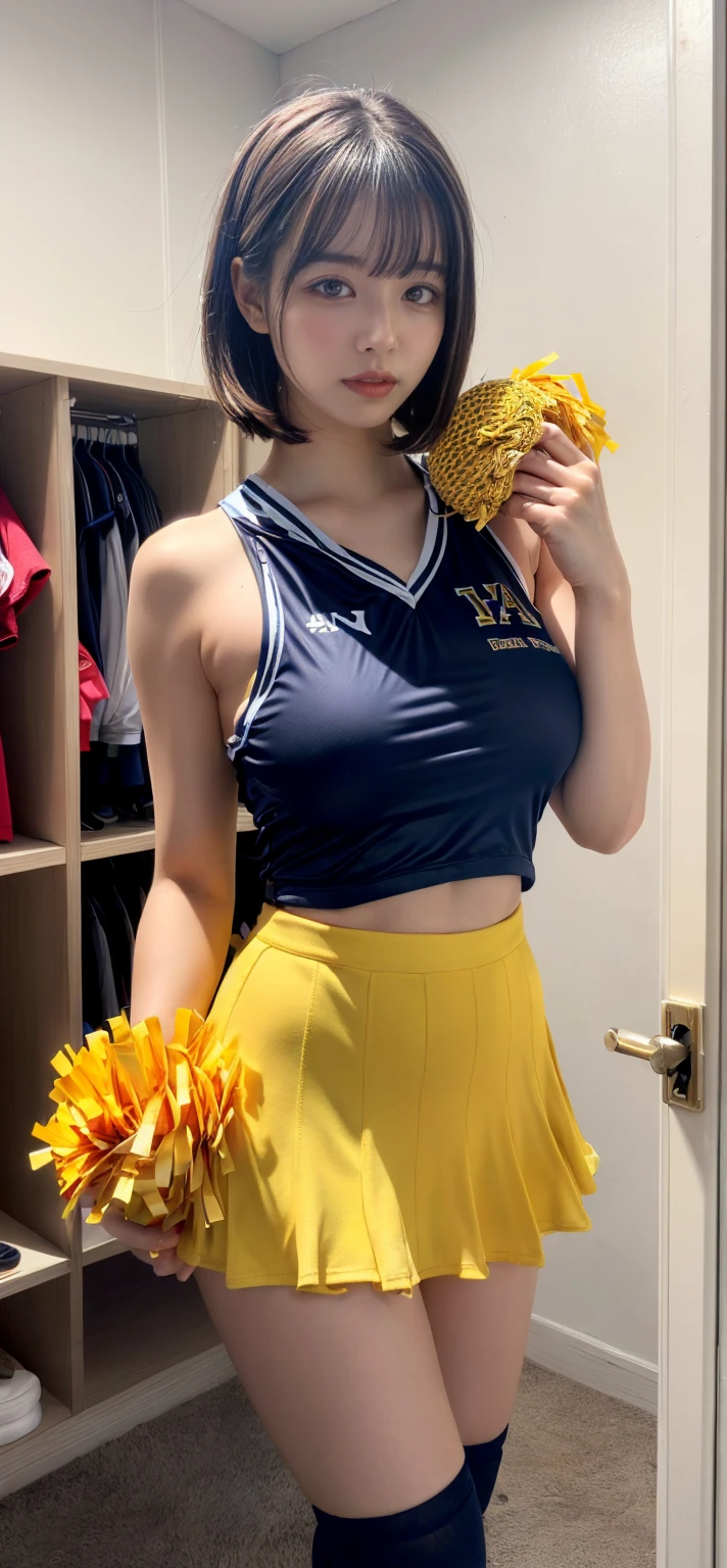 8K、 超A high resolution、Best Quality、Photorealsitic、hightquality、high-detail、masuter piece、(huge-breasted、cleavage of the breast:1.2)hi-school girl、Butter Reading Club、(cheerleaders、Shiny colorful tank top、White mini skirt:1.3)(High School Gymnasium:1.3)(Big black eyes、Short-haired with black hair:1.3)Exposing the navel、(toned body and big buttocks:1.2)Big eyes、Obviously double eyelids、Smile happily、dance