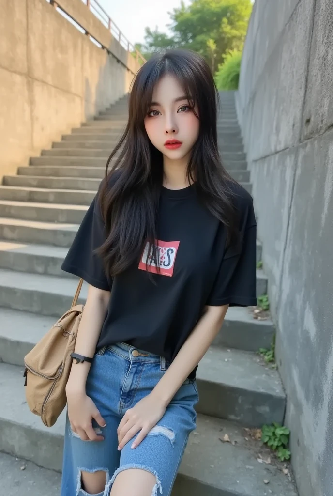 25 years old Korean woman, Facial details, Deep focus, 4K masterpiece details, Deep focus, Sunlight falling on her makes her stand out (Natural light, Good light, Afternoon light). She's wearing a vintage black oversized t-shirt (The square graphic in the middle of the shirt), ripped jeans, Vans, 90's fashion, Graphic tote bag, leaning against a grey wall, grey concrete stairs, Full body.