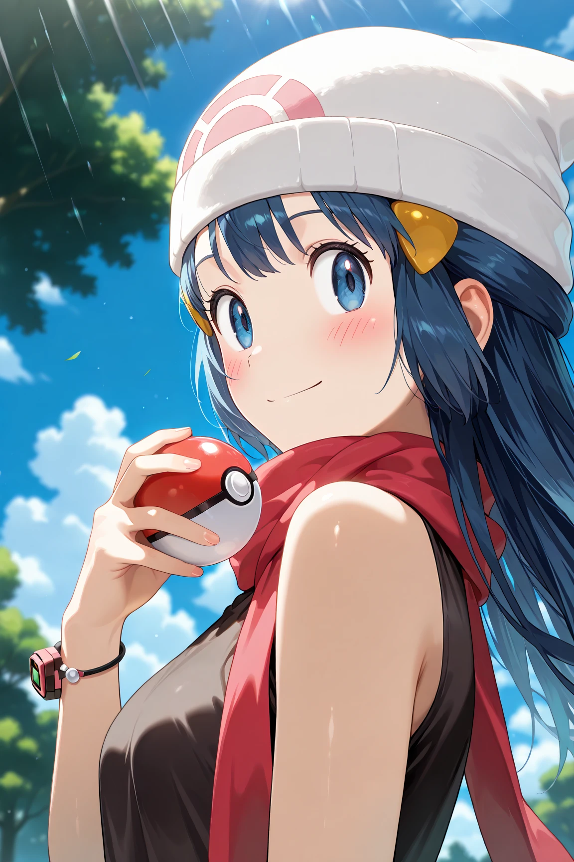 score_9, score_8_up, score_7_up, score_6_up, score_5_up, score_4_up, source_anime, aadawn, long hair, blue hair, beanie, white headwear, hair ornament, blue eyes, breasts, red scarf, sleeveless shirt, black shirt, wristwatch, bracelet, pink skirt, standing, outdoors, filed, flower, tree, holding poke ball, smile,

(realistic skin0.8),
Shiny, skin,

(blush:1.4), smile,
cinematic, dramatic, (blurry background:1.4), depth of field, 
1girl, solo, joyful, smile, dynamic pose, dynamic angle, from below, 
outdoors, nature,
(portrait:1.7),
(focus on face:1.2),
(closed-up shot:1.5),
sunny,
blue sky,
cloud,
sunlight,
wind,
looking back,