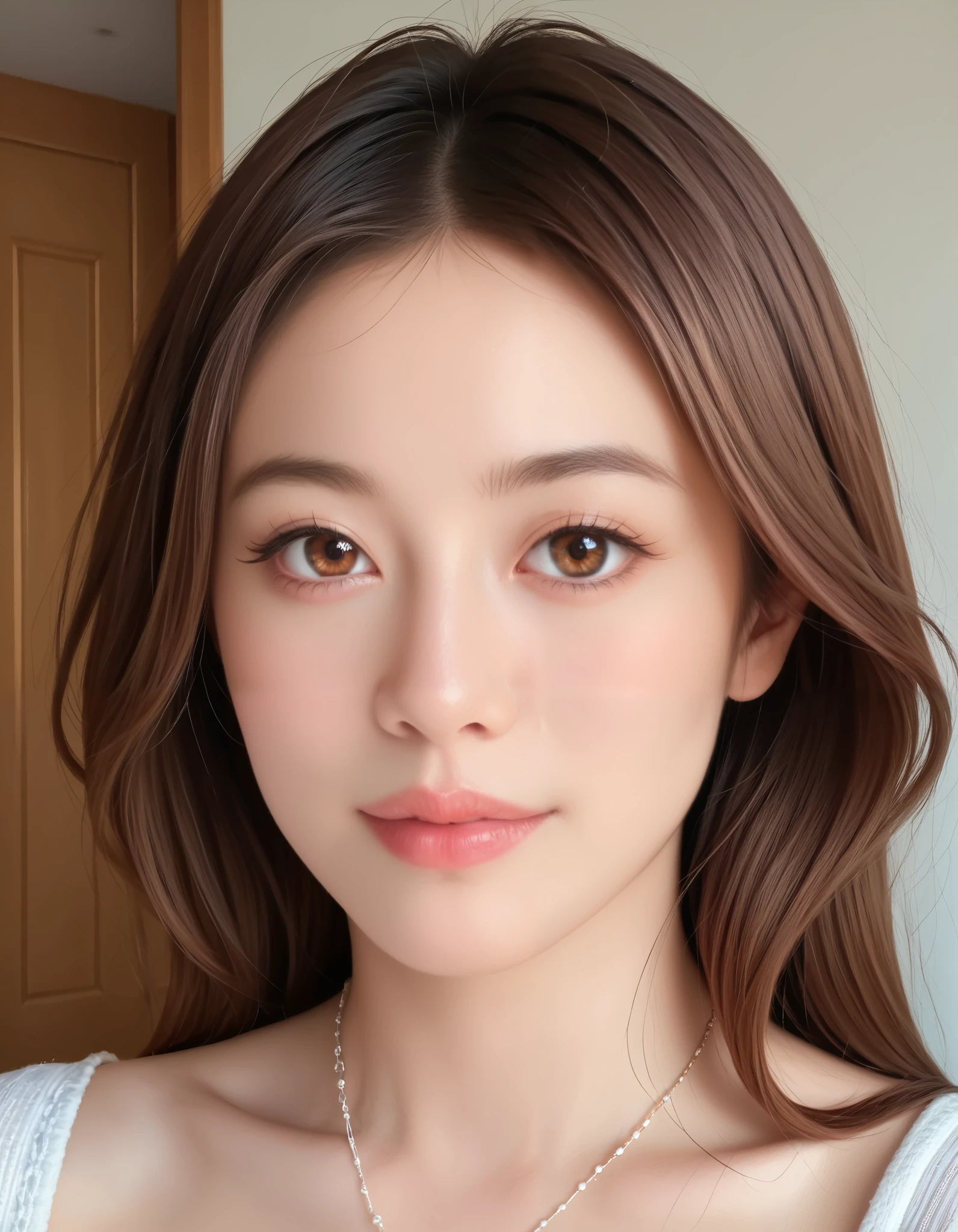 (masterpiece, best quality, Original photo, Ultra-High-Resolution, photorealistic, very realistic human skin , Reality, absurd:1.2), Japanese women, 30th Generation, mature body, anatomically correct, Beautiful Character Design, Obscene face, Brown hair hanging over shoulders , beautiful detailed eye depiction , Perfect Face, expressive eyes, brown eyes, (closeup-face:1.5), in the living room