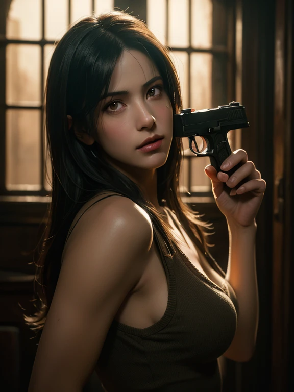 Image of Mikasa Ackeman with a gun and a gun in his hand,trousersless, coxas definidas grossas, sensual, Artgerm extremamente detalhado, from attack on titan, Em Attack on Titan, Artgerm em ArtStation Pixiv, attack on titan covert art, Artgerm. anime illustration, Estilo anime Attack on Titan, Estilo Artgerm, em estilo de artgerm. (1girl em)、(realisitic)、( fotorrealista:1.5)、Batomornsardas、cabelos pretos, 8k UHD、(filmgrain) extremamente delicado e bonito、8k, alta qualidade、high resolution, ju、ighly detalhado、belos olhos detalhados、 olhos e rosto extremamente detalhados、obra prima、(lighting like a movie)、(pele de alto detalhe:1.2)、8k UHD、Digital SLR、a strong illumination of fire、alta qualidade、filmgrain、obra prima, qualidade superior, alta qualidade, high resolution, ((muito nitido)), Photo taken with long-range professional camera, alta qualidade, preservar face, sensual
