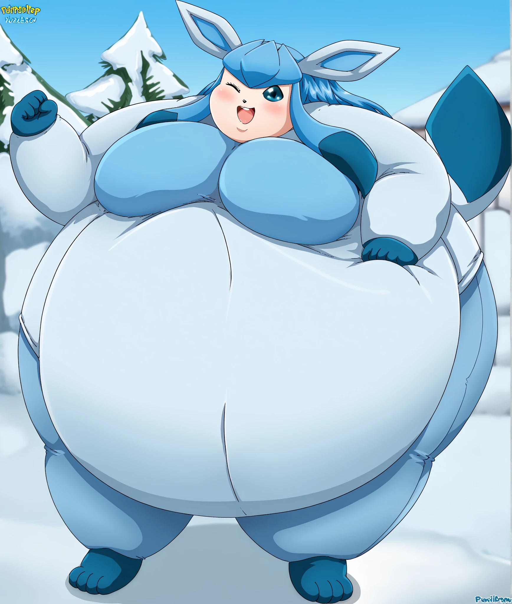 (furry glaceon:1.2) furry glaceon oiled body (perfect light:1.2) (oiled body:1.2) score_9, score_8_up, score_7_up. Furry glaceon bikini large curvy, large equine curvy, huge quality, massive breasts, very thick thighs, ultra detailed. Snowy forest
