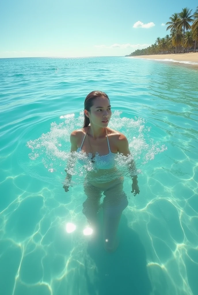 8K分辨率, masterpiece, beste-Qualit, 1girl in, 17year old, japanes, a white bikini, sunglass, short-cut, swimming pools, blue-sky, Strong sunlight, Palm trees, soda water, Detailed CG image quality, Rear view, 8mm fisheye lens, detailed skin textures, Sweaty skin, water splashing,