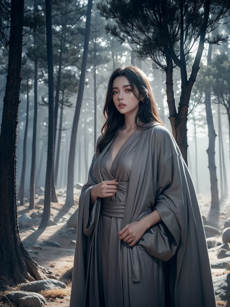  beautiful girl in grey robe standing in dark forest, Spectacular style,  octane rendering , The desert   ,   beautiful faces ,   surrealism  ,