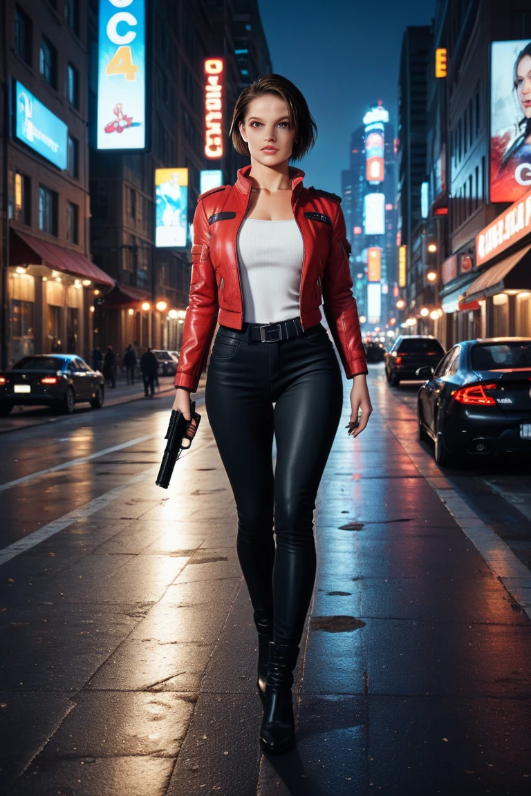 
a woman in a red jacket holding a gun walking down a street, cyberpunk art by Jason Teraoka, deviantart contest winner, conceptual art, glamorous jill valentine, background of resident evil game, resident evil inspired, resident evil, resident evil 1, female rouge assassin, female protagonist, beautiful female assassin, video game character art, stunning character art, female assassin, apocalipse zumbi,,burning cars,people lying under ground,zumbis walking around,night,night city,city under dark