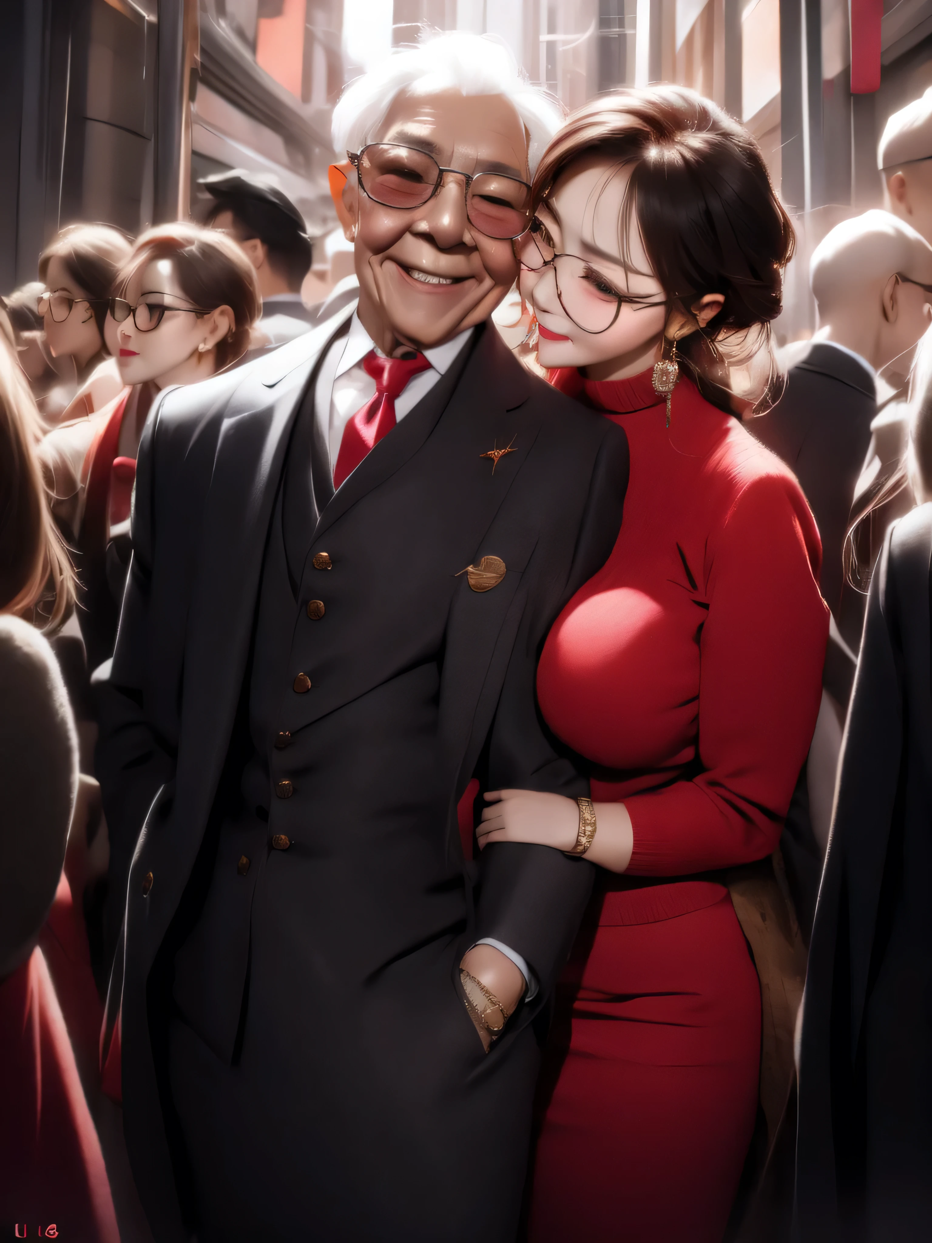 In a crowded street,a beautiful woman wearing sexy suit and an old man are making out on road side, UHD, masterpiece, textured skin, super detail, best quality, 8k