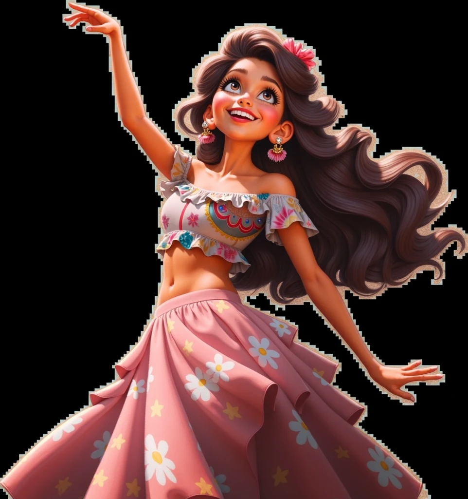 Mulher morena, cabelos castanhos claros e ondulados nas pontas, olhos castanhos claro, tatuagem grande e preta de uma mandala com rosas na coxa esquerda, black dress mid-thigh length. Em modelo Disney Pixar.