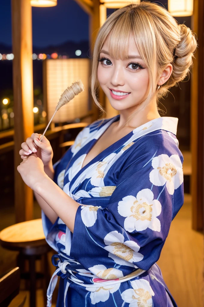 (Surreal), (High resolution), (8K), (Very detailed), (Best illustrations), (Beautifully detailed and sparkling eyes), (Highest quality), (Very detailedな), (masterpiece), (wallpaper), (Detailed face), (Beautiful smile)、(Beautiful expression)、alone、Sexy pose、(((Big Breasts)))、Sculpture model、Sexy looks that seduce men、Looking into the camera、(((Blonde)))、((Glamorous Body))、(((Kyoto、kimono)))