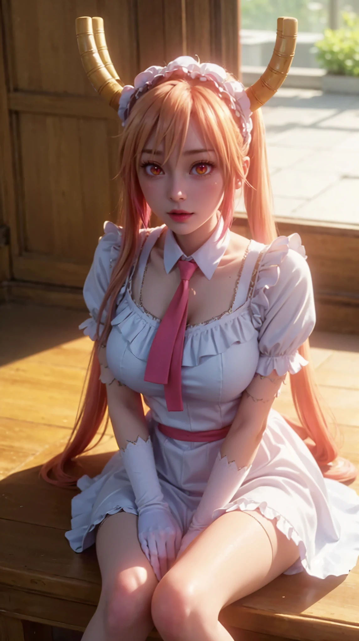 Landscape of a very beautiful woman, (((25 year old woman)))!!!, melancholy realistic, dragon girl, (cowboy shot), (high angle shot), (((front focus))), (((background Blurry))), Bokeh, lens flare, photography with Fujifilm XT3, depth of field, film grain, female focus, BREAK, Tohru/(kobayashi san chi no maid dragon/), anime style, (((sitting on a chair in a luxurious european mansion)))!!!, ((swimming pool at the back))!!, (((looks at the audience with beautiful light red eyes))), Ultra detailed eyes, (Beautiful light red eye's like amber :1.3)!!, ((((slit pupils : 1.5))))!!!!, ((homochromatic eyes))!!!, (((symmetrical twin horns above head)))!!!, open mouth, ((smile))!!, teeth, fang, long sleevemouth, (((thin fresh peach lips)))!!!, (Blush)!!, Perfect nose, Cute little nose, Earrings, beatiful face, Face Clean, realistic Skin, hyper realistic, Perfect eyebrow appear through amber hair, amber hair between eyes, amber hair bangs, (ultra shine amber hair)!!, (long straight twintail hair)!!, gradation hair, multicolored hair, maid headdress, ((dynamic composition)),BREAK, detached sleeves, /(((wear original costume of tohru/)))!!!, (((maid dress_red tie_white gloves_short sleeves_white collar)))!!!, vivid color clothes, detailed realistic clothes, plump , cleavage, (())!!, slim smooth thight))!!, White thighhighs, white stocking, (dragon tail), BREAK, Best Quality, Masterpiece, Ultra-detailed, Beautiful, hight resolution, Original, CG 8K, perfect photo, dramatic lighting, Beautiful lighting, (Realistic fantasy art), Realistic, Full HD, Best Quality, award winning, (8k wallpaper of extremely detailed CG unit), High Details, sharp-focus, The art of dramatic and photorealistic painting, ((In Swimming poll at luxurious european mansion)), voluptuous, dynamic composition, breathtaking rendering, strong color, deep shadow