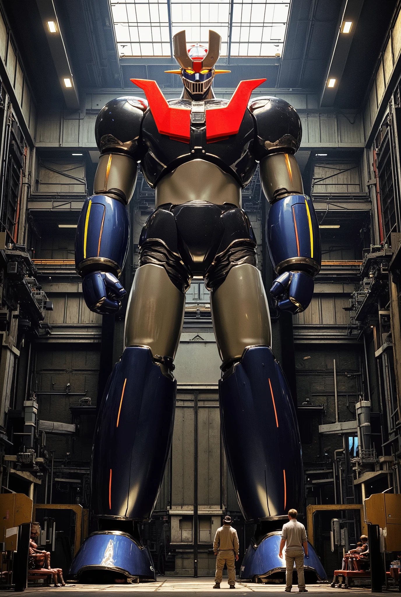 a very realistic giant version of Mazinger Z , standing 100 meters high in a forward position. reactor equipment production line constructed with modern materials such as steel , Carbon Fiber , other industrial elements are also visible , just like the real thing , Iconic features such as the chest plate and head where high voltage current flows and emits light have been carefully reproduced. set in a modern industrial environment , the appearance of Mazinger Z standing around , illuminated by natural light 、 huge structures highlighted with realistic shadows . LED light lighting