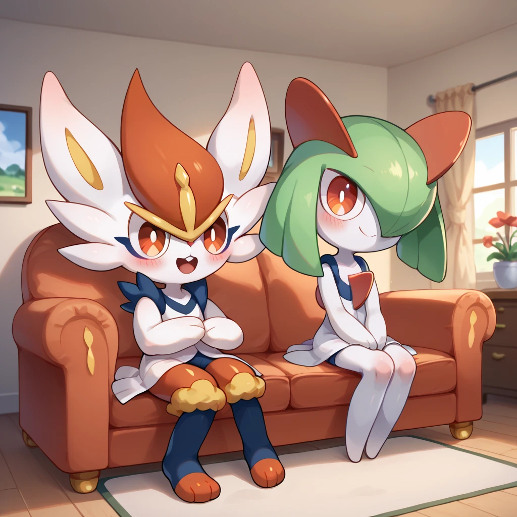 masterpiece, best quality, (highly detailed), score_9, score_8_up, score_7_up, full body shot, frontal view, 2girls, 2boys, in house, in living room, sitting on couch, family, laughing, blushing, gardevoir, kirlia, cinderace, raboot, pokemon \(creature\), white fur, pale skin, porcelain skin, white legs, larger cinderace, larger gardevoir, smaller kirlia, smaller raboot, mother, father, daughter, son,