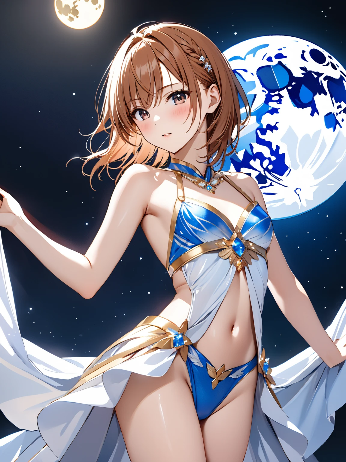 best quality, masterpiece, highres, solo, {night:1.10}, {starry sky:1.10}, beach, beautiful detailed sky, {extremely detailed background:1.20}, {perfumer_arknights:1.15}, {standing:1.10}, looking at viewer, {bikini:1.30}, brown_hair, animal_ears, fox_ears, ponytail, bow, brown_eyes, hair_bow, long_hair, smile, upper_body, blue_bow, blush, breasts, light smile