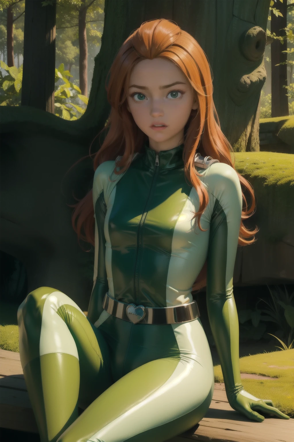 Alone \(totally spies\), orange hair , long hair, yeux verts,
green leotard , ,Closed Mouth, cowboy shot,assis,
forest,outside,
( incredibly detailed , Moroccan masterpiece , best quality) Cinematic lighting ,
