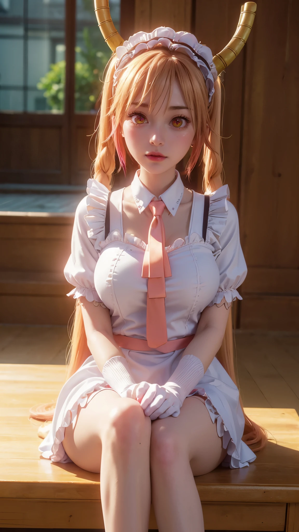 Landscape of a very beautiful woman, melancholy realistic, dragon girl, (cowboy shot), (high angle shot), (((front focus))), (((background Blurry))), Bokeh, lens flare, photography with Fujifilm XT3, depth of field, film grain, female focus, BREAK, Tohru/(kobayashi san chi no maid dragon/), anime style, (((sitting on a chair in a luxurious european mansion)))!!!, ((swimming pool at the back))!!, (((looks at the audience with beautiful light red eyes))), Ultra detailed eyes, (Beautiful light red eye's like amber :1.3)!!, ((((slit pupils : 1.5))))!!!!, ((homochromatic eyes))!!!, (((symmetrical twin horns above head)))!!!, open mouth, ((smile))!!, teeth, fang, long sleevemouth, (((thin fresh peach lips)))!!!, (Blush)!!, Perfect nose, Cute little nose, Earrings, beatiful face, Face Clean, realistic Skin, hyper realistic, Perfect eyebrow appear through amber hair, amber hair between eyes, amber hair bangs, (ultra shine amber hair)!!, (long straight twintail hair)!!, gradation hair, multicolored hair, maid headdress, ((dynamic composition)),BREAK, detached sleeves, /(((wear original costume of tohru/)))!!!, (((maid dress_red tie_white gloves_short sleeves_white collar)))!!!, vivid color clothes, detailed realistic clothes, plump breasts, breast cleavage, ((open legs))!!, slim legs, ((open smooth thight))!!, White thighhighs, white stocking, (dragon tail), BREAK, Best Quality, Masterpiece, Ultra-detailed, Beautiful, hight resolution, Original, CG 8K, perfect photo, dramatic lighting, Beautiful lighting, (Realistic fantasy art), Realistic, Full HD, Best Quality, award winning, (8k wallpaper of extremely detailed CG unit), High Details, sharp-focus, The art of dramatic and photorealistic painting, ((In Swimming poll at luxurious european mansion)), voluptuous, dynamic composition, breathtaking rendering, strong color, deep shadow