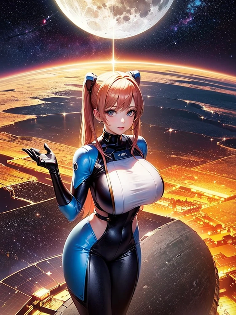  very beautiful woman,bangs,pigtail, big breasts,Stylish spacesuit , pilot suit,(space-clony,Landscape:1.5),(Space Colony solar panels can be seen on the ceiling:1.2), wide shot,Earth and moon shining in the background