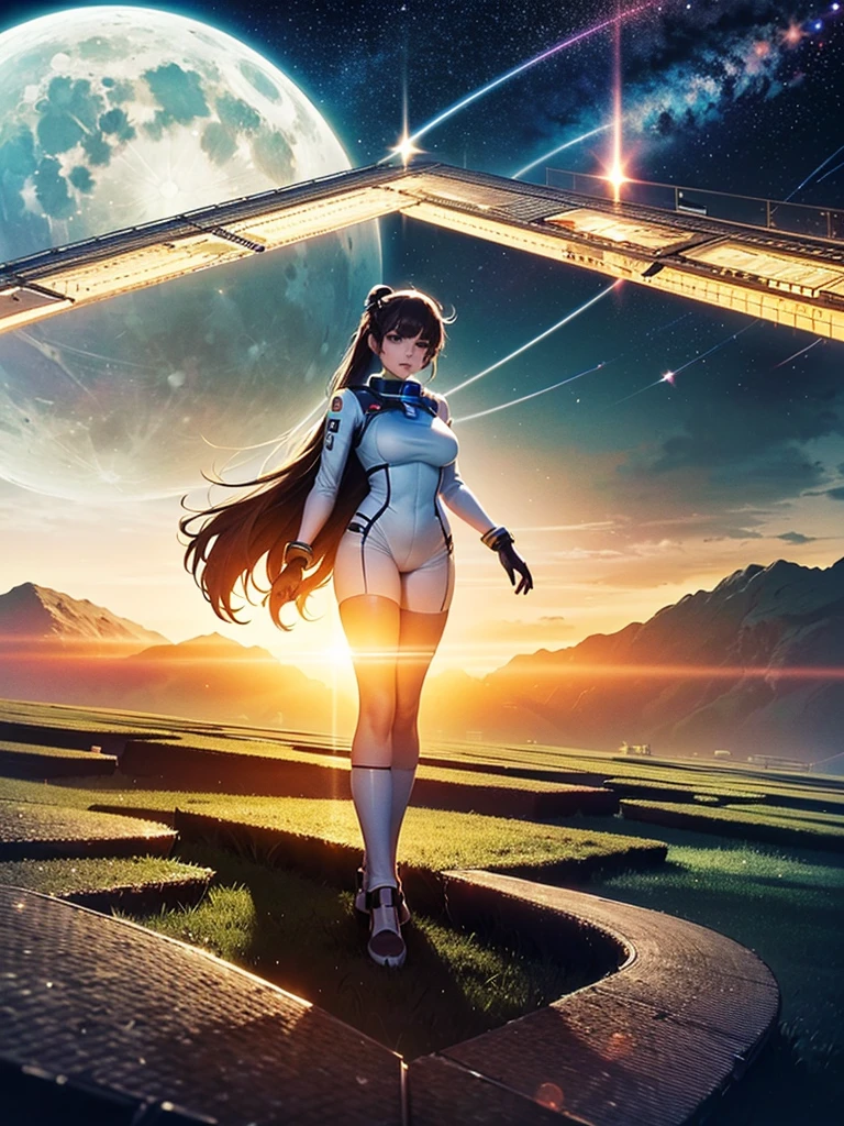  very beautiful woman,bangs,pigtail, big breasts,Stylish spacesuit , pilot suit,(space-clony,Landscape:1.5),(Space Colony solar panels can be seen on the ceiling:1.2), wide shot,Earth and moon shining in the background