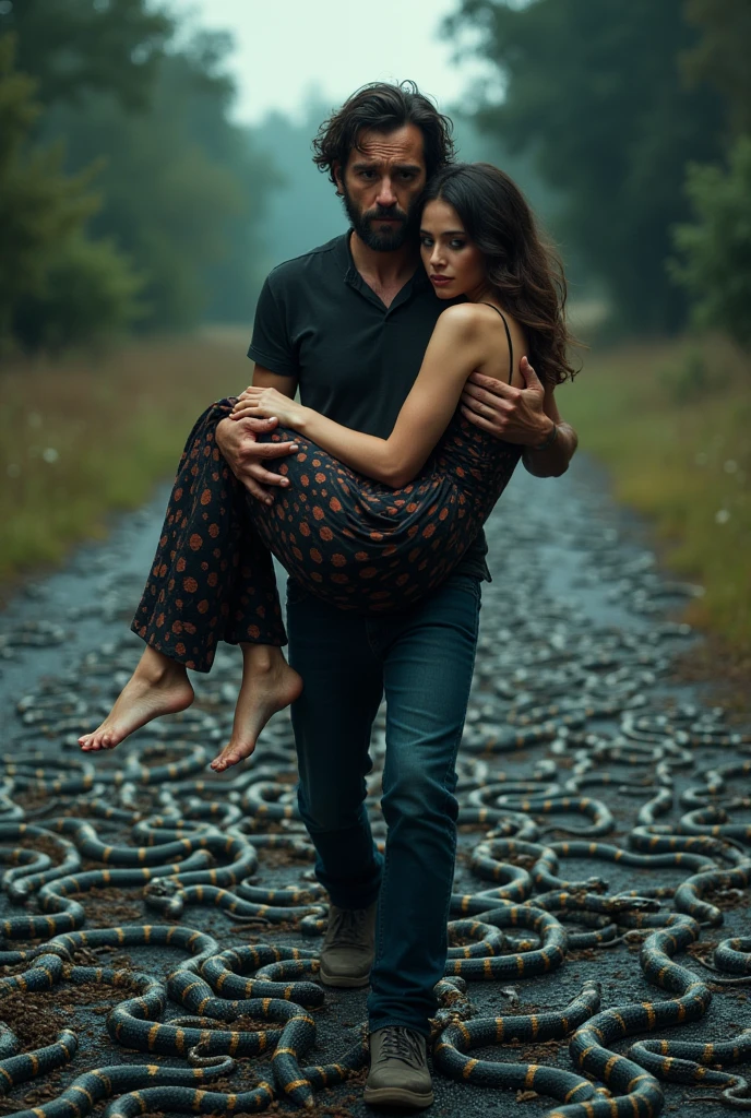 A 19 years old boy who wears a dark green colour hoodie and blue colour denim pant with little bit of beard lifting and carrying a 19 years old girl horizontally who wears a black and white colour horizontal line t shirt and black pant hugging him with little scare in his hands realistic in between lots of trees and grasses filled with rain water 