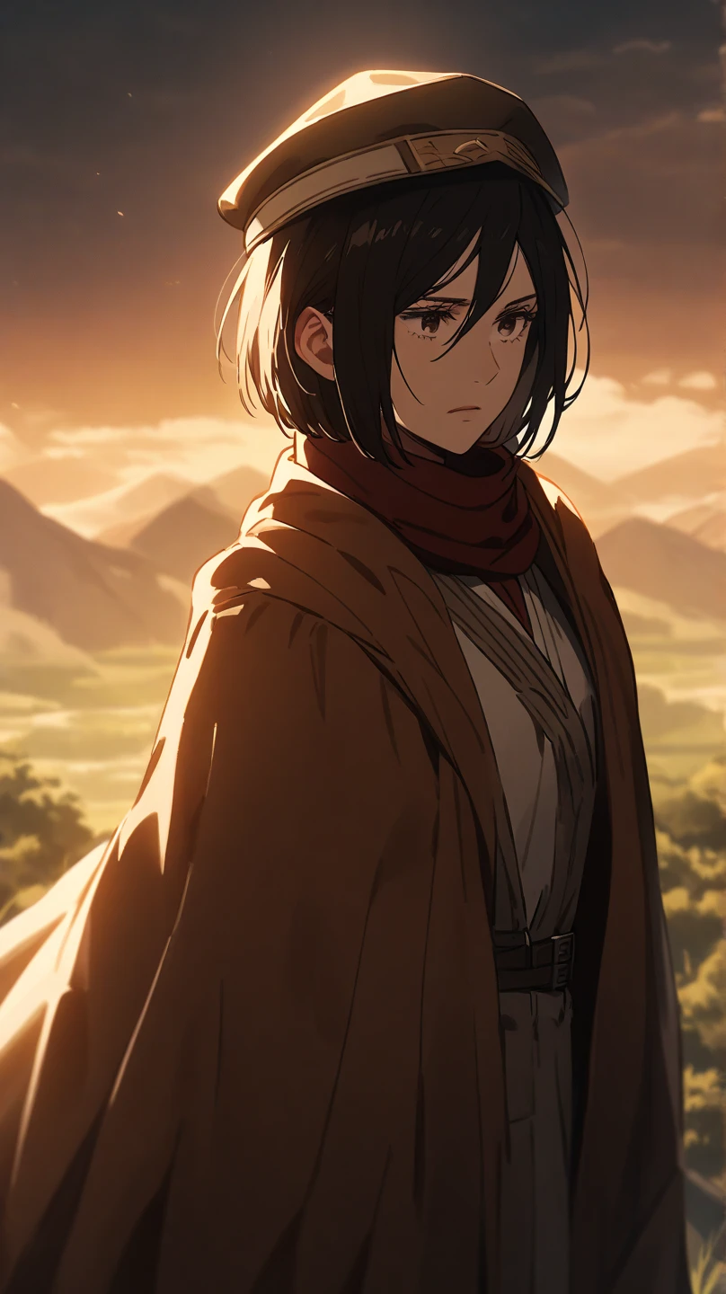 Portrait of Mikasa Ackerman from Attack on Titan, wearing a stylish graduation robe and cap. She stands confidently, with a calm but determined expression, holding her diploma in one hand. The background features a bright, sunny day with a hint of the fictional world’s landscape, blending elements of both her military background and her transition into a new phase of life. Her signature scarf is draped gracefully over her shoulders, adding a touch of her iconic look. The overall mood is one of achievement and nostalgia, with soft lighting and detailed textures to bring out her strength and resilience.