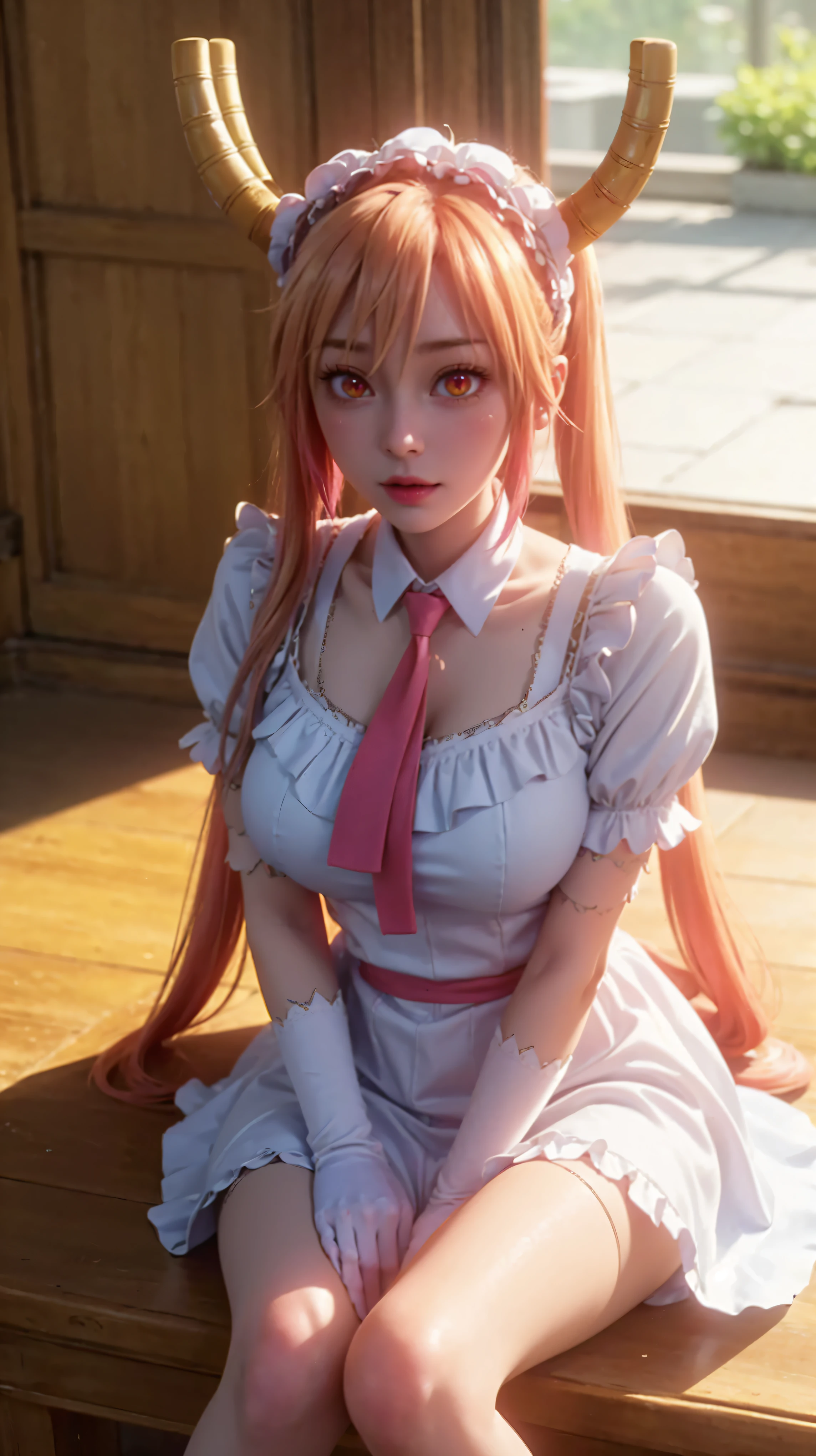 Landscape of a very beautiful woman, (((25 year old woman)))!!!, melancholy realistic, dragon girl, (cowboy shot), (high angle shot), (((front focus))), (((background Blurry))), Bokeh, lens flare, photography with Fujifilm XT3, depth of field, film grain, female focus, BREAK,  Tohru/(kobayashi san chi no maid dragon/), anime style, (((sitting on a chair in a luxurious european mansion)))!!!, ((swimming pool at the back))!!, (((looks at the audience with beautiful light red eyes))), Ultra detailed eyes, (Beautiful light red eye's like amber :1.3)!!, ((((slit pupils : 1.5))))!!!!, ((homochromatic eyes))!!!, (((symmetrical twin horns above head)))!!!, open mouth, ((smile))!!, teeth, fang, long sleevemouth, (((thin fresh peach lips)))!!!, (Blush)!!, Perfect nose, Cute little nose, Earrings, beatiful face, Face Clean, realistic Skin, hyper realistic, Perfect eyebrow appear through amber hair, amber hair between eyes, amber hair bangs, (ultra shine amber hair)!!, (long straight twintail hair)!!, gradation hair, multicolored hair, maid headdress, ((dynamic composition)),BREAK,  detached sleeves, /(((wear original costume of tohru/)))!!!, (((maid dress_red tie_white gloves_short sleeves_white collar)))!!!, vivid color clothes, detailed realistic clothes, plump breasts, breast cleavage, ((open legs))!!, slim legs, ((open smooth thight))!!, White thighhighs, white stocking, (dragon tail), BREAK, Best Quality, Masterpiece, Ultra-detailed, Beautiful, hight resolution, Original, CG 8K, perfect photo, dramatic  lighting, Beautiful lighting, (Realistic fantasy art), Realistic, Full HD, Best Quality, award winning, (8k wallpaper of extremely detailed CG unit), High Details, sharp-focus, The art of dramatic and photorealistic painting, ((In Swimming poll at luxurious european mansion)), voluptuous, dynamic composition, breathtaking rendering, strong color, deep shadow