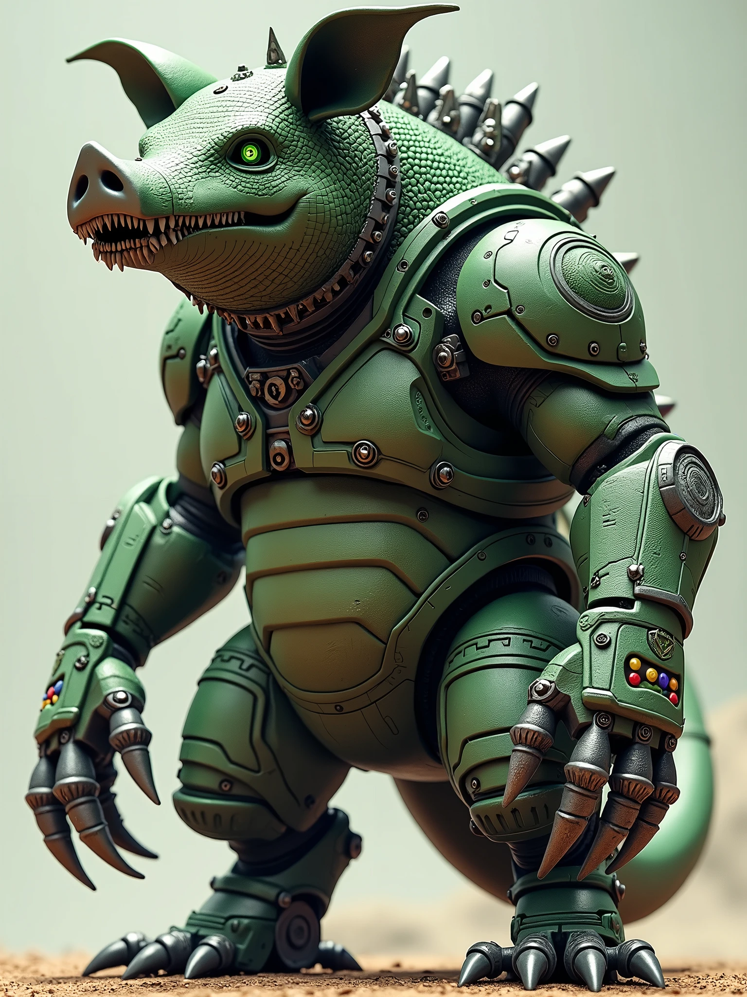 A towering mechanical kaiju stands poised, with a design that merges elements of both a pig and a futuristic war machine. The head is angular and fierce, featuring a broad snout with intricate paneling that mimics the texture of a reptile's skin. Its eyes glow an ominous green, positioned above a narrow mouth that opens to reveal rows of menacing, jagged metallic teeth. Atop its head, a series of complex machinery protrudes, further enhancing its robotic appearance. The neck is heavily armored, showcasing interlocking plates that allow for movement while providing maximum protection. Along the sides of the neck, there are hydraulic components and piping that hint at the kaiju’s powerful mechanical nature. Its front limbs resemble a blend of claws and weaponry, with each hand featuring multiple articulated fingers crafted from sleek metal, tipped with sharp points. One hand is adorned with a circular panel that resembles a control interface, marked with colorful buttons that provide visual contrast against the green body. The torso is broad and muscular, accentuated by a series of intricate grooves and bolts that illustrate the engineering ingenuity of its design. The has a prominent emblem or symbol, possibly denoting its faction or origin. The back boasts a pronounced dorsal ridge lined with components that resemble cooling fins or energy conduits, contributing to its imposing silhouette....