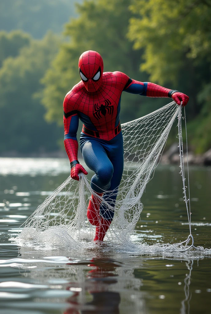 Spider man Washing cloths at river bank