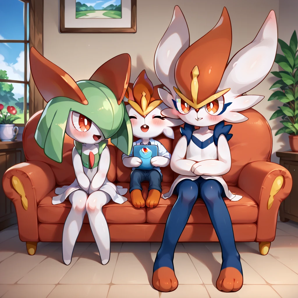 masterpiece, best quality, (highly detailed), score_9, score_8_up, score_7_up, full body shot, frontal view, 2girls, 2boys, in house, in living room, sitting on couch, family, laughing, blushing, gardevoir, kirlia, cinderace, raboot, pokemon \(creature\), white fur, pale skin, porcelain skin, white legs, larger cinderace, larger gardevoir, smaller kirlia, smaller raboot, mother, father, daughter, son,