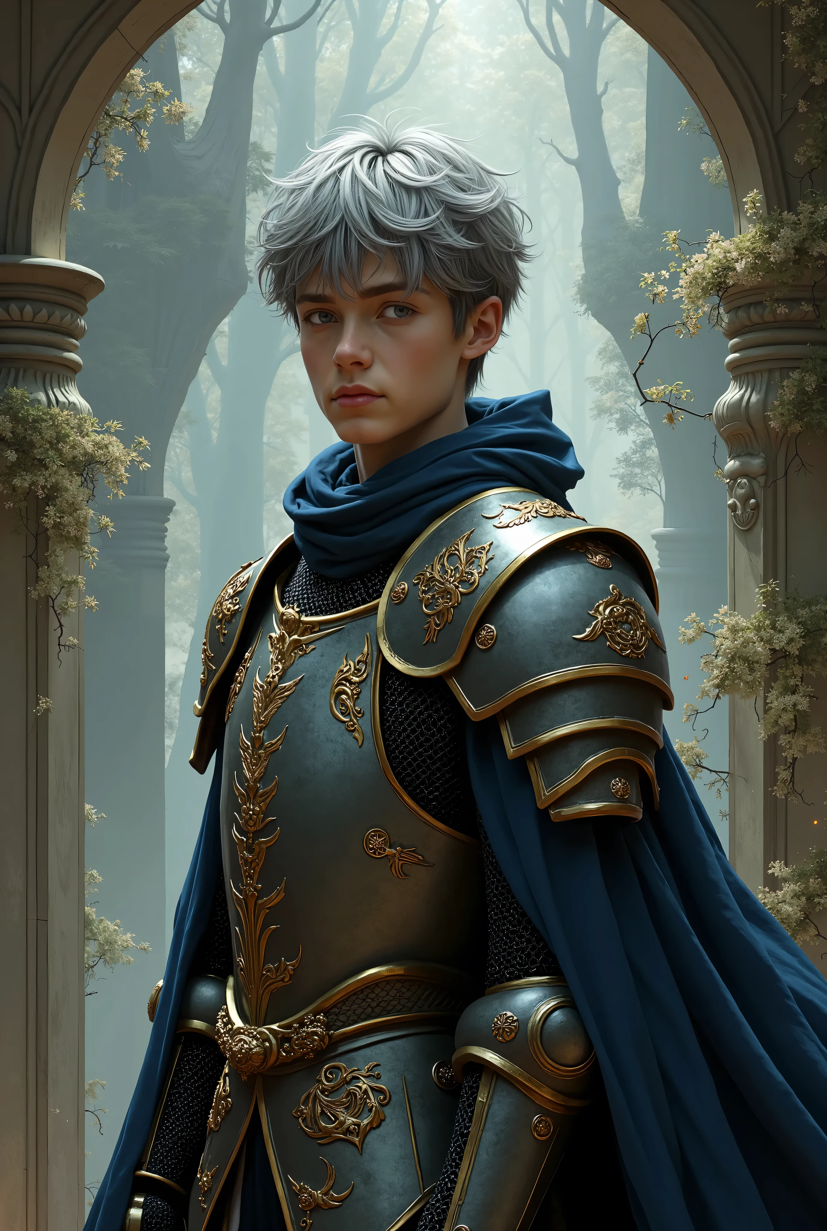 a high-fantasy knight, seventeen yo boy, fantasy, intricate, elegant, highly detailed, lifelike, photorealistic, digital painting, grey ash ruffled hair with bangs, concept art trending on artstation, smooth, sharp focus, in the style of john collier and alphonse mucha and jean delville, hyperrealistic, masterpiece, realistic photoshot, best quality,