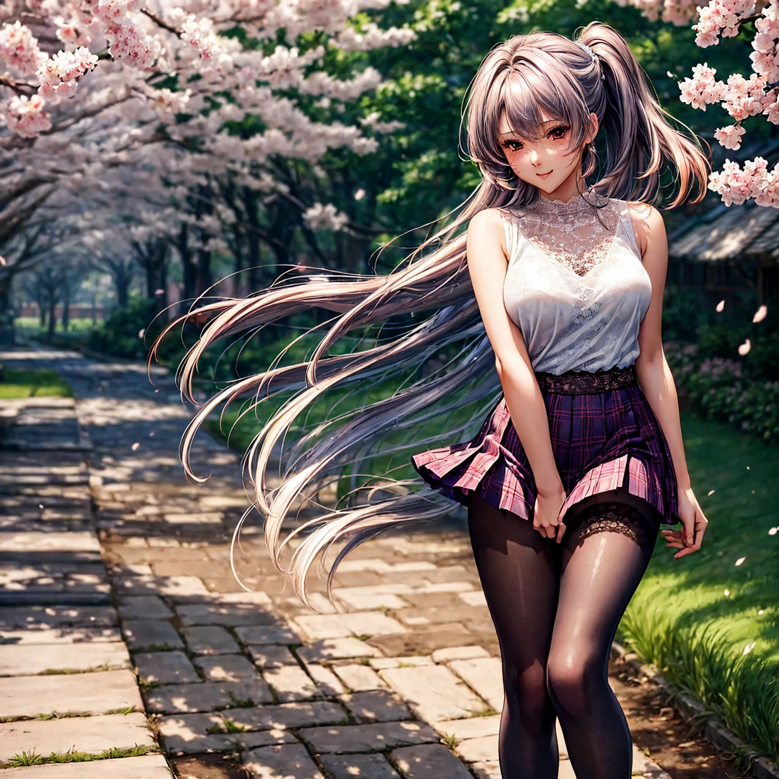 (masterpiece, best quality, supeior quality, intricate details, beautiful, aesthetic:1.2), high quality, 8k, RAW, ultra details, extremely dellicate and beautiful, real shadow, (dark colors:1) (challenging look), (dinamic pose:1.8), photorealistic, highly detailed painting, award winning painting, marvelous painting, artistic style, stylized, full body, kawaiitech, (((white hair))), long hair, ((((sakura in hair)))), pastel colors, kawaii, large breasts, cute, kawaii, adorable, Flirty, clouds, blue sky, sun, landscape, (((city street))), daytime, sakura trees, perfect hands, cinematic light, (((watercolor))), maid uniform, frills, lace trim, ta hairband, sneakers, white shoes, thighhighs, striped legwear, earrings, sakura earrings, striped thighhighs, pink thighhighs, standing, legs apart, panty shot, leaning forward, ((cutesy pose,)) head tilt, hearts, stars, cute colors, glitter, shimapan, cotton panties, kawaiitech, pastel colors, kawaii, cute colors,true colors