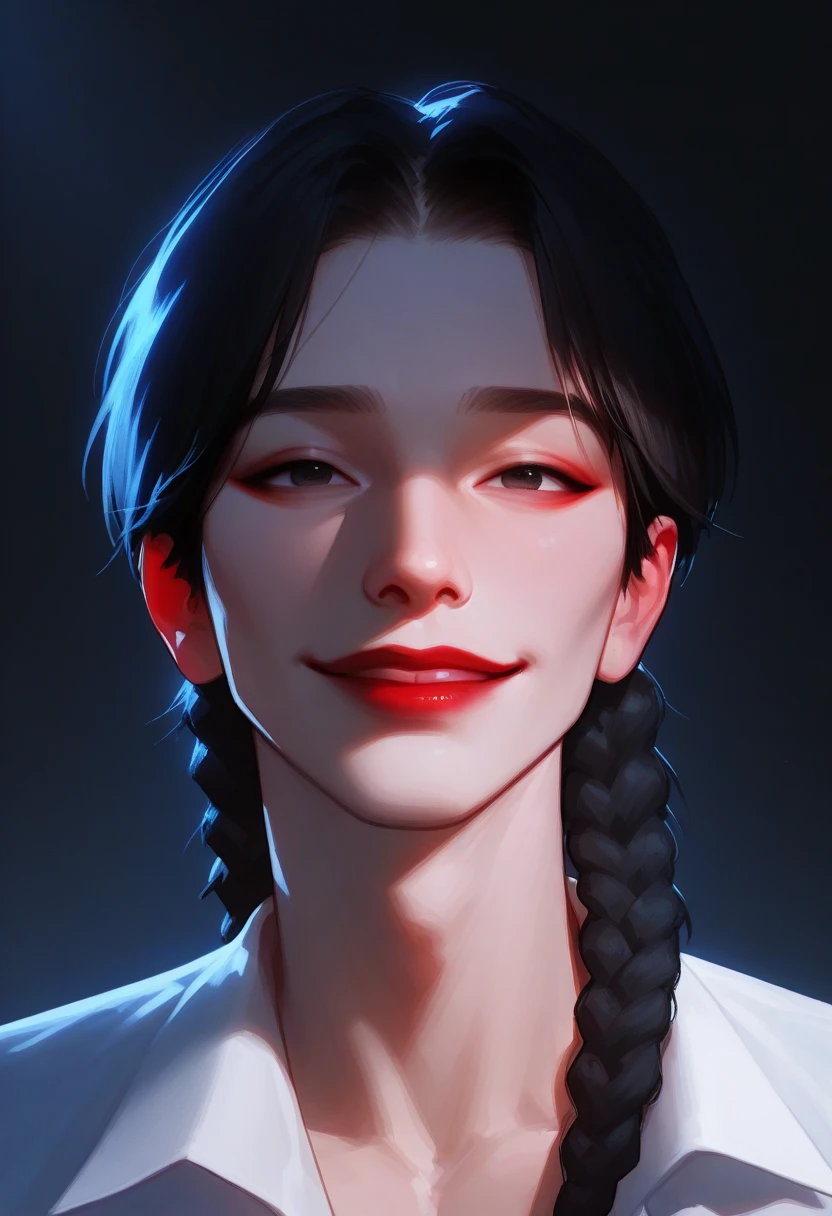 IllusP0s ,  one boy, Alone,  Portrait,  focus on face , ,  black hair, glass,  white shirt, smile, Red lipstick,  braids,  eyeliner that reaches its climax,  25 years old gorgeous supermodel K-pop,  soft lighting , Subtle Shadows