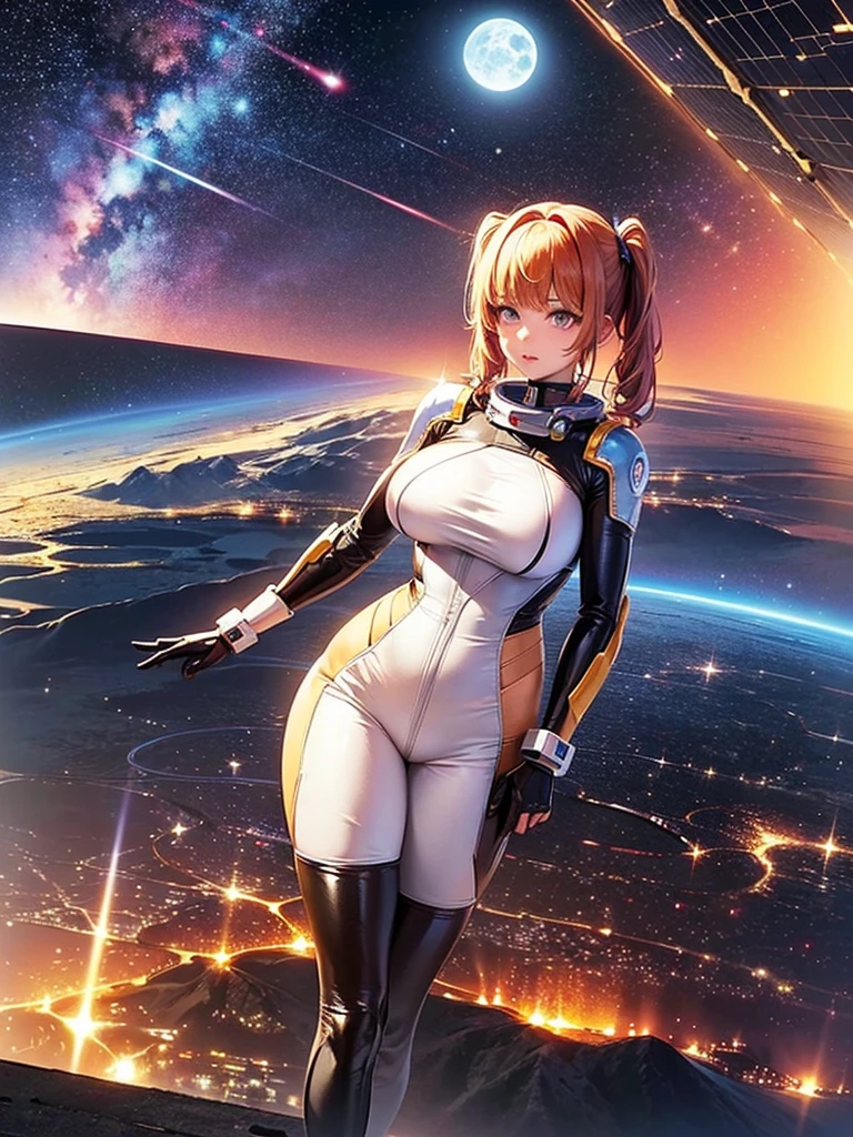  very beautiful woman,bangs,pigtail, big breasts,Stylish spacesuit , pilot suit,(space-clony,Landscape:1.5),(Space Colony solar panels can be seen on the ceiling:1.2), wide shot,Earth and moon shining in the background