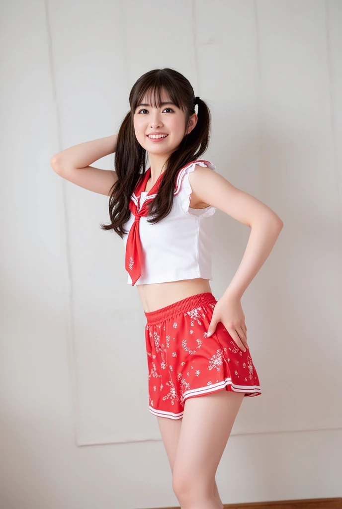 One Girl ,  high definition,  top quality,  twin tails、Lower twin tails、 idol costume、double piece、smile、Full body images、