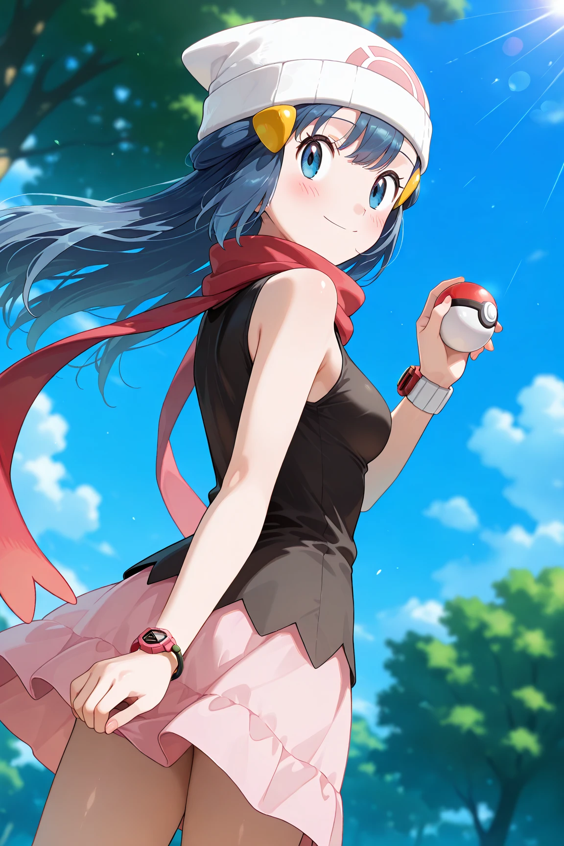 score_9, score_8_up, score_7_up, score_6_up, score_5_up, score_4_up, source_anime, aadawn, long hair, blue hair, beanie, white headwear, hair ornament, blue eyes, breasts, red scarf, sleeveless shirt, black shirt, wristwatch, bracelet, pink skirt, standing, outdoors, filed, flower, tree, holding poke ball, smile,

(realistic skin0.8),
Shiny, skin,

(blush:1.4), smile,
cinematic, dramatic, (blurry background:1.4), depth of field, 
1girl, solo, joyful, smile, dynamic pose, dynamic angle, from below, 
outdoors, nature,
portrait,
(focus on face:1.2),
closed-up shot,
sunny,
blue sky,
cloud,
sunlight,
wind,
looking back,