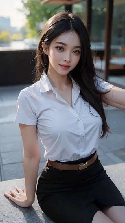 (masterpiece, highest quality, Realistic, Very detailed, In detail, High resolution, 8k wallpaper), Close up portrait of beautiful woman, Standing in the city, Earrings, necklace, Laughing happily, Light brown messy long hair, Wearing a black business suit, White collared see-through shirt, Wearing clothes next to the skin,Unbutton your shirt up to your chest, Sharp Focus, Large Breasts, Perfect dynamic composition, Beautiful fine details, Detailed Hair, Detailed and realistic skin texture, Fashion magazine cover, Professional photography, ,xx mix_girl