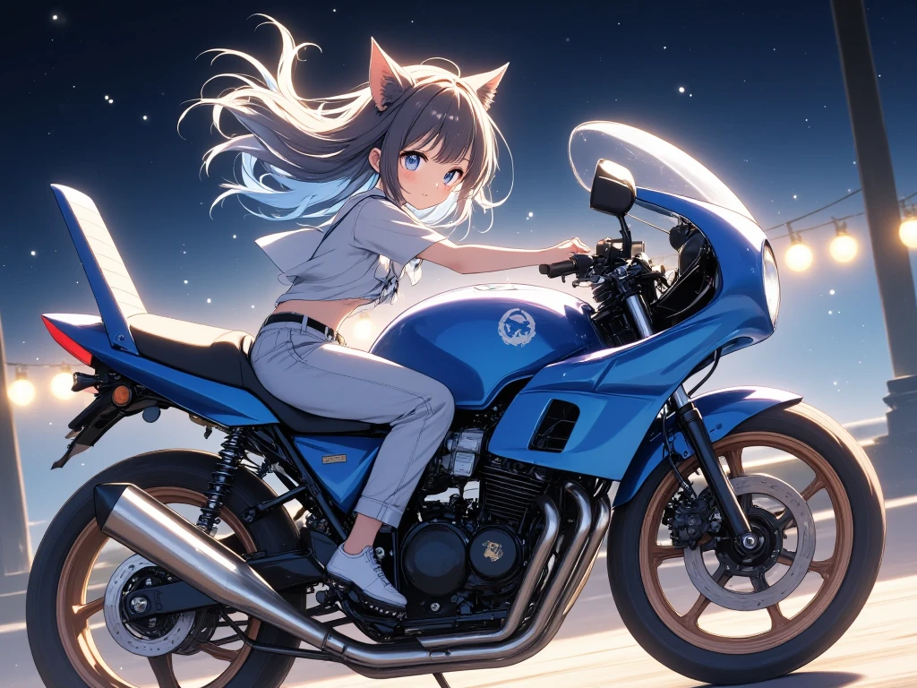  1 girl、 long hair、 blue eyes、 brown hair、Fox Ears、Tail、 white shirt、 jeans、whole body、 are expressionless、 riding a motorcycle 、 　+ Blue Kawasaki Z900RS　、  top quality,  