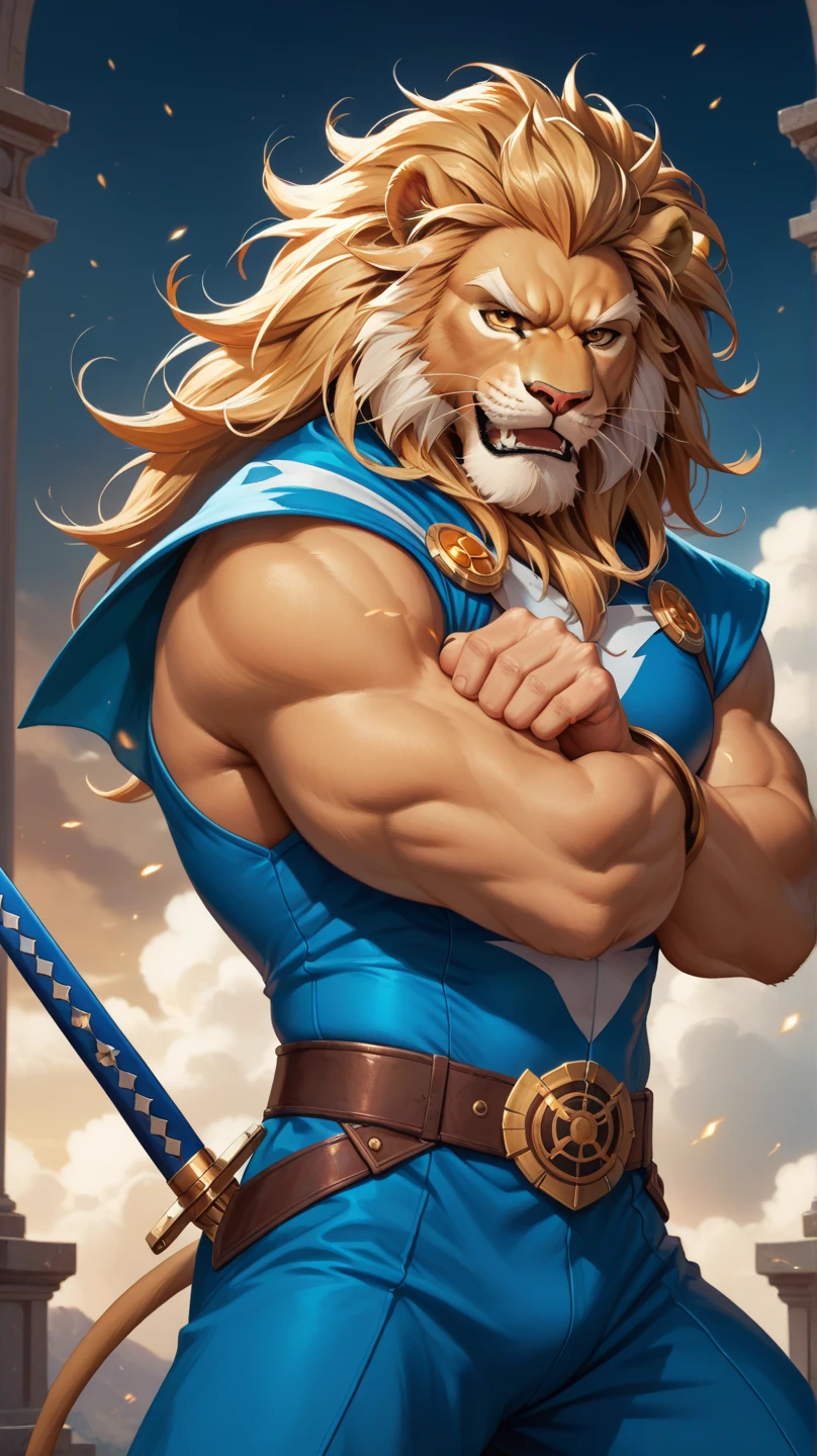 Picture Lion-O, the brave leader of the ThunderCats, in stunning hyperrealistic detail. His feline face is set with determination, eyes gleaming with resolve, and his mane billows majestically in the wind. He dons his iconic red and blue outfit, hugging his muscular physique. In one hand, he wields the legendary Sword of Omens, its blade gleaming with power, while his other hand is poised for action. The background is a breathtaking Third Earth landscape, resplendent with vibrant colors and sharp details that accentuate Lion-O's epic presence. The image emanates strength, courage, and leadership, capturing the very essence of this iconic character. Every whisker, every fold in his clothing, and every reflection on his sword is rendered with meticulous care, bringing Lion-O to life like never before."